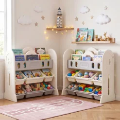 Kinder Bücherregal 4-stufiges Montessori-Spielzeugregal mit 6 Aufbewahrungsboxen