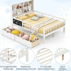 Kinderbett mit 2 Schubladen Bücherregal & Tafel 140 x 200 cm Jugendbett mit Rausfallschutz Weiß