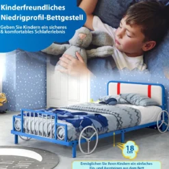 Kinderbettrahmen in Autoform mit Gepolstertem Kopfteil Bettgestell 202 x 98 x 68,5 cm Blau