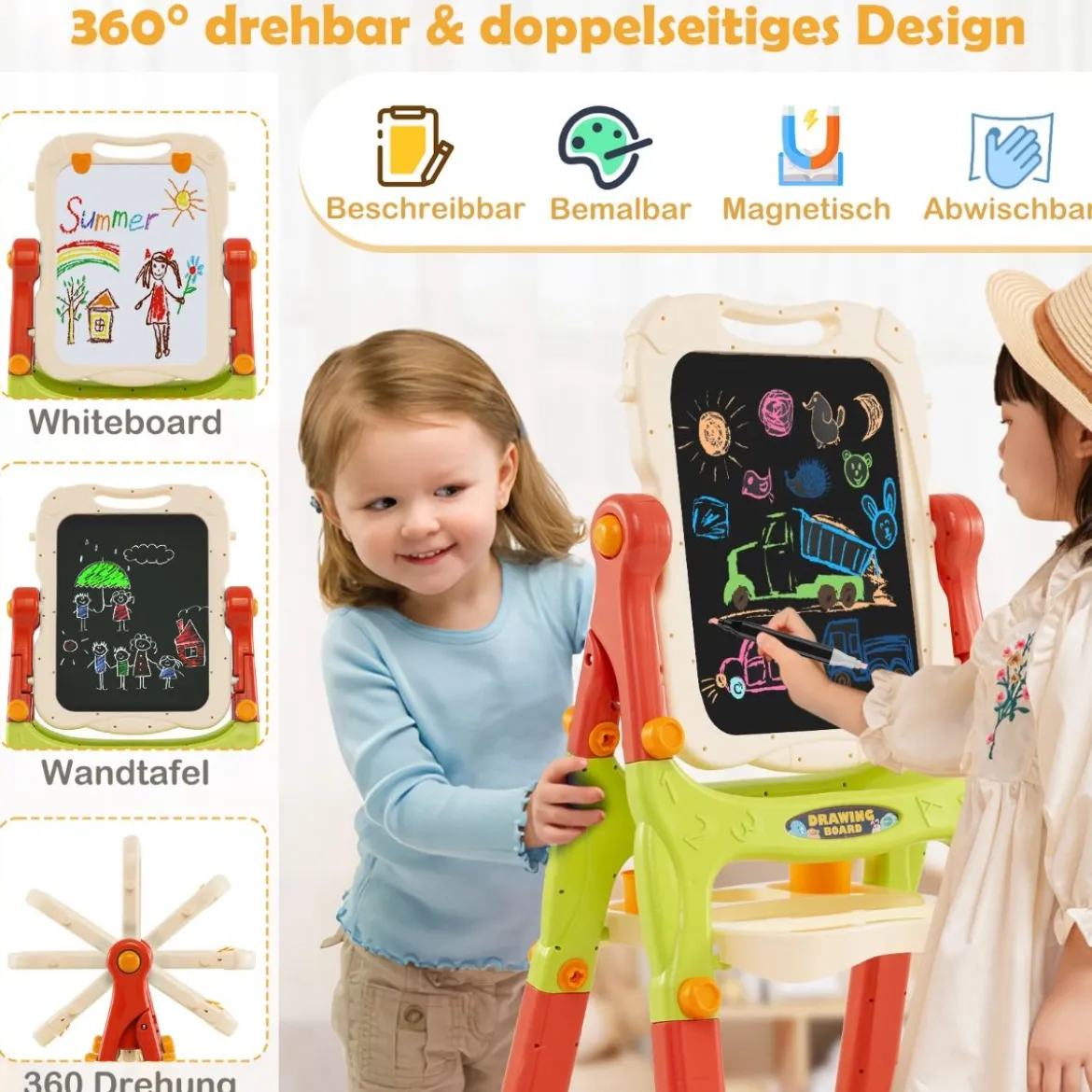 Kinder Doppelseitige Tafel mit Whiteboard & Kreidetafel Höhenverstellbare Kindertafel