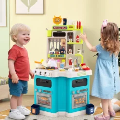 Kinder Eck-Küchenspielset mit Sounds & Lichtern Kinderküche mit Kochherd Spiel-Spüle & 75-teiligem Zubehör Blau