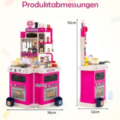 Kinder Eck-Küchenspielset mit Sounds & Lichtern Kinderküche mit Kochherd Spiel-Spüle & 75-teiligem Zubehör Rosa