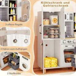 Kinder Eck Spielküche mit Doppeltür-Kühlschrank & Kaffeemaschine & Waschmaschine Holzküche Weiß