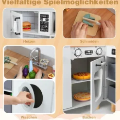 Kinder Eck Spielküche mit Doppeltür-Kühlschrank & Kaffeemaschine & Waschmaschine Holzküche Weiß