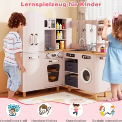 Kinder Eck Spielküche mit Doppeltür-Kühlschrank & Kaffeemaschine & Waschmaschine Holzküche Rosa