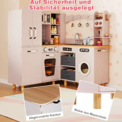 Kinder Eck Spielküche mit Doppeltür-Kühlschrank & Kaffeemaschine & Waschmaschine Holzküche Rosa