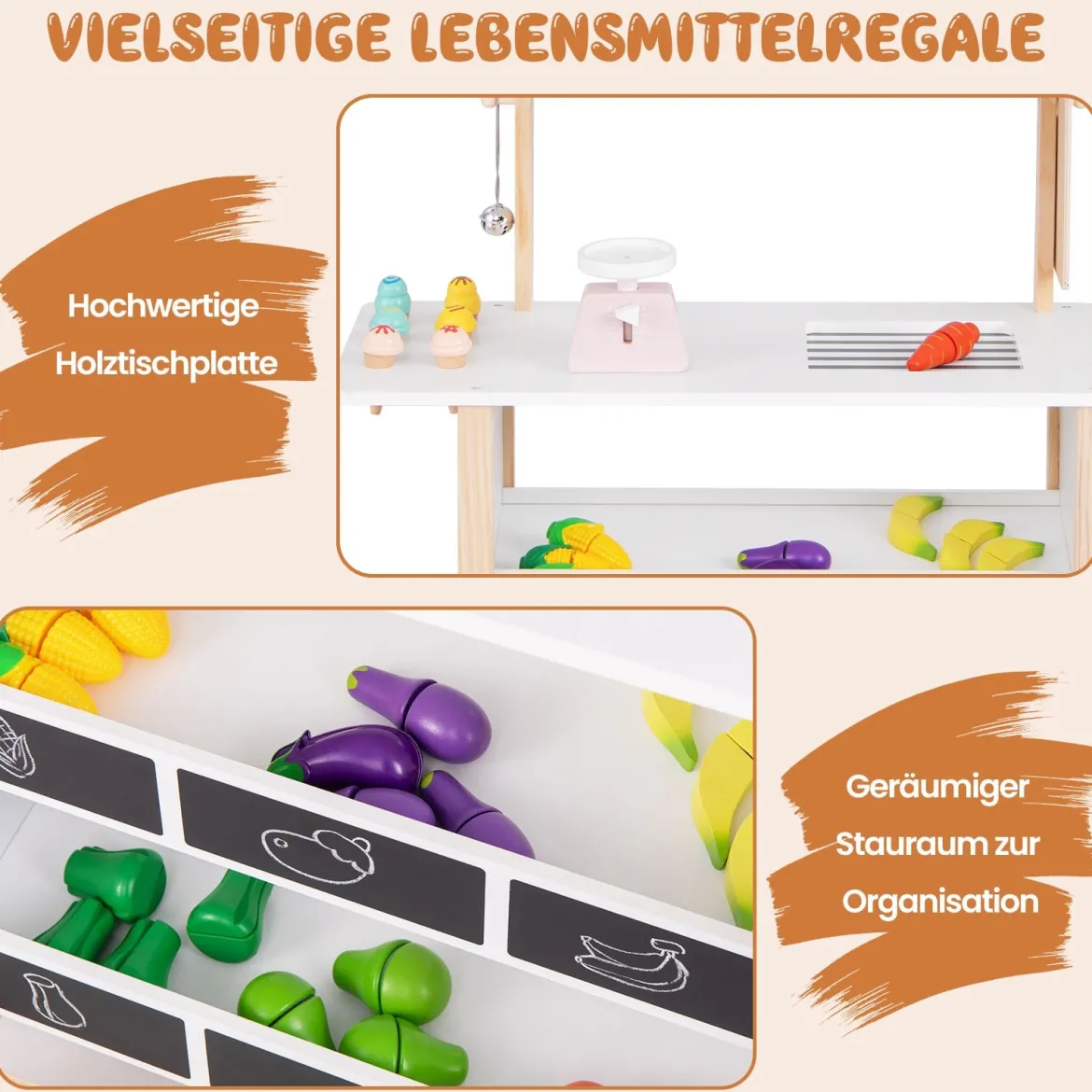 Kinder Eiswagen mit 6 Eiscreme & 2 Ablagen Holz Kaufladen auf Rollen Einkaufswagen Grau