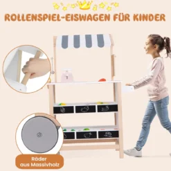 Kinder Eiswagen mit 6 Eiscreme & 2 Ablagen Holz Kaufladen auf Rollen Einkaufswagen Grau
