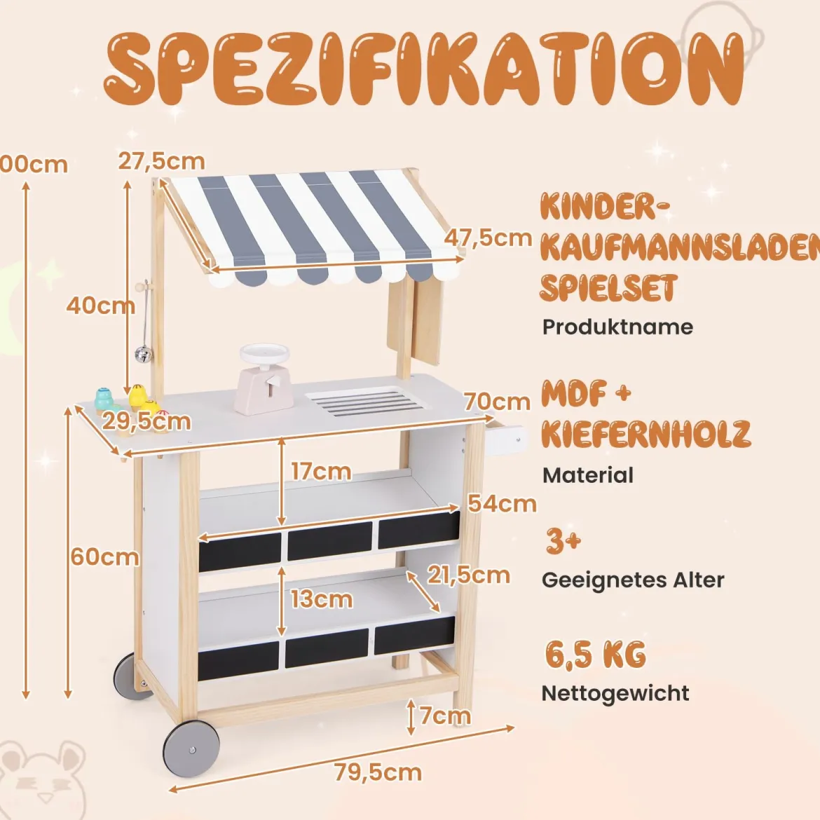Kinder Eiswagen mit 6 Eiscreme & 2 Ablagen Holz Kaufladen auf Rollen Einkaufswagen Grau