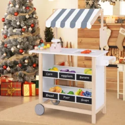 Kinder Eiswagen mit 6 Eiscreme & 2 Ablagen Holz Kaufladen auf Rollen Einkaufswagen Grau