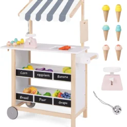 Kinder Eiswagen mit 6 Eiscreme & 2 Ablagen Holz Kaufladen auf Rollen Einkaufswagen Grau
