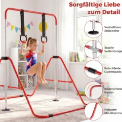 Kinder Faltbare Gymnastikstange mit 4 Verstellbarer Höhen & Turnringe Reckstange Rot