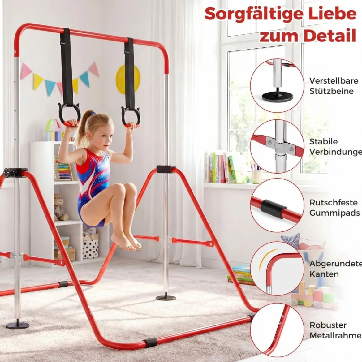 Kinder Faltbare Gymnastikstange mit 4 Verstellbarer Höhen & Turnringe Reckstange Rot