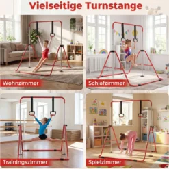Kinder Faltbare Gymnastikstange mit 4 Verstellbarer Höhen & Turnringe Reckstange Rot