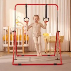 Kinder Faltbare Gymnastikstange mit 4 Verstellbarer Höhen & Turnringe Reckstange Rot