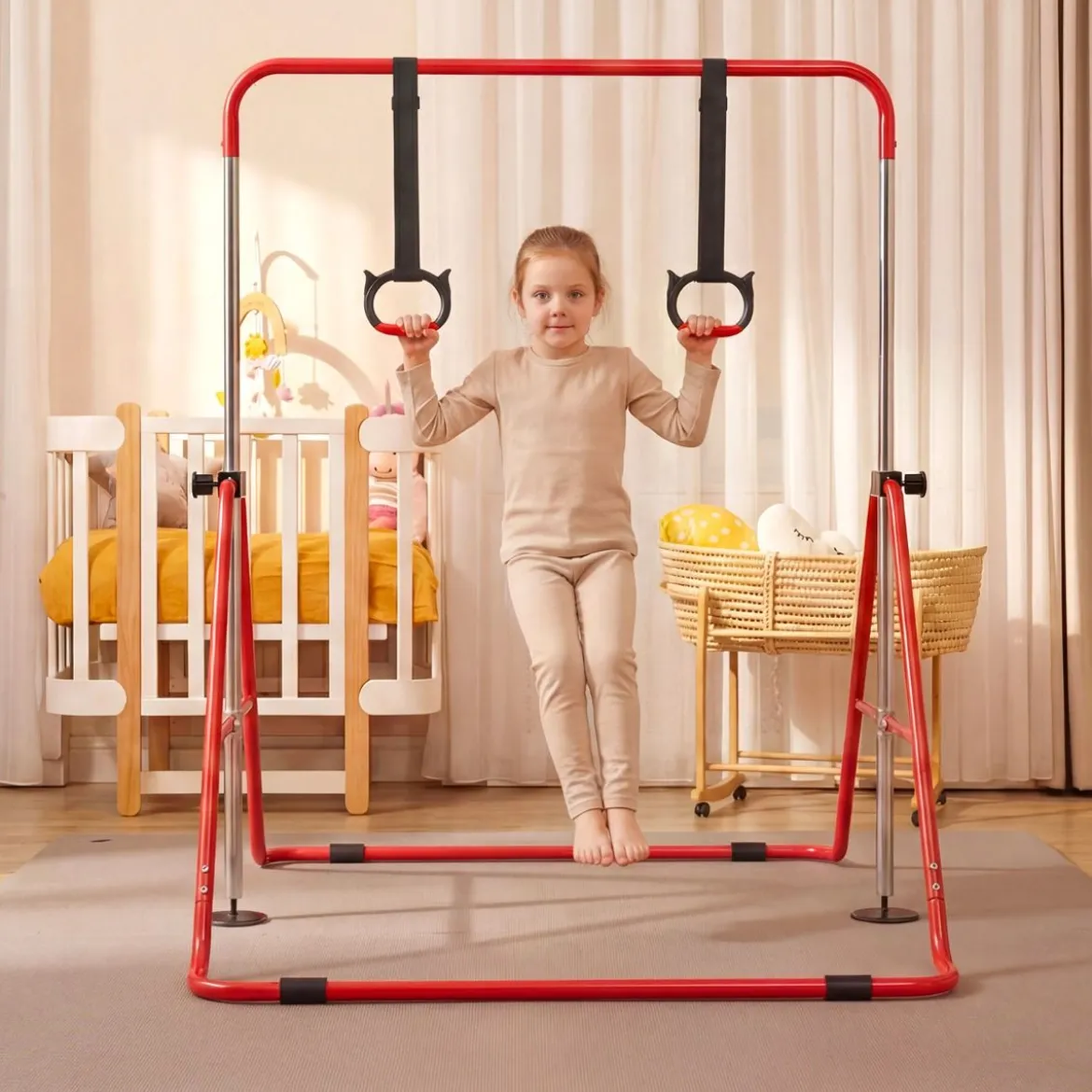 Kinder Faltbare Gymnastikstange mit 4 Verstellbarer Höhen & Turnringe Reckstange Rot