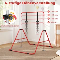 Kinder Faltbare Gymnastikstange mit 4 Verstellbarer Höhen & Turnringe Reckstange Rot