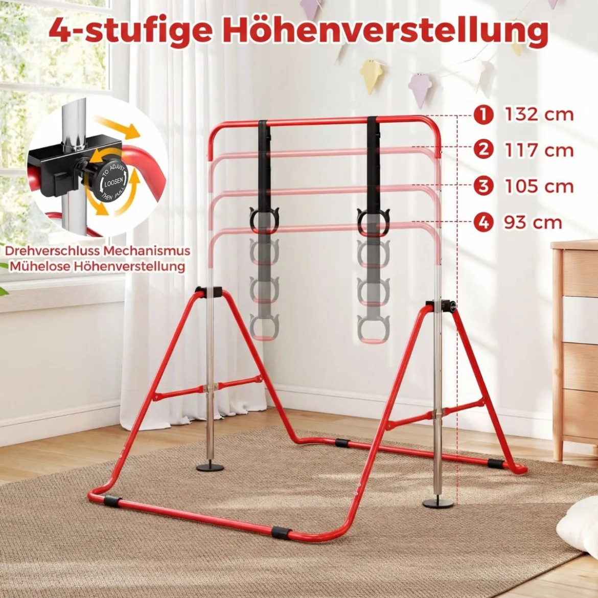 Kinder Faltbare Gymnastikstange mit 4 Verstellbarer Höhen & Turnringe Reckstange Rot