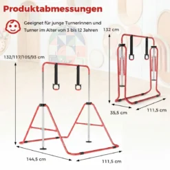 Kinder Faltbare Gymnastikstange mit 4 Verstellbarer Höhen & Turnringe Reckstange Rot