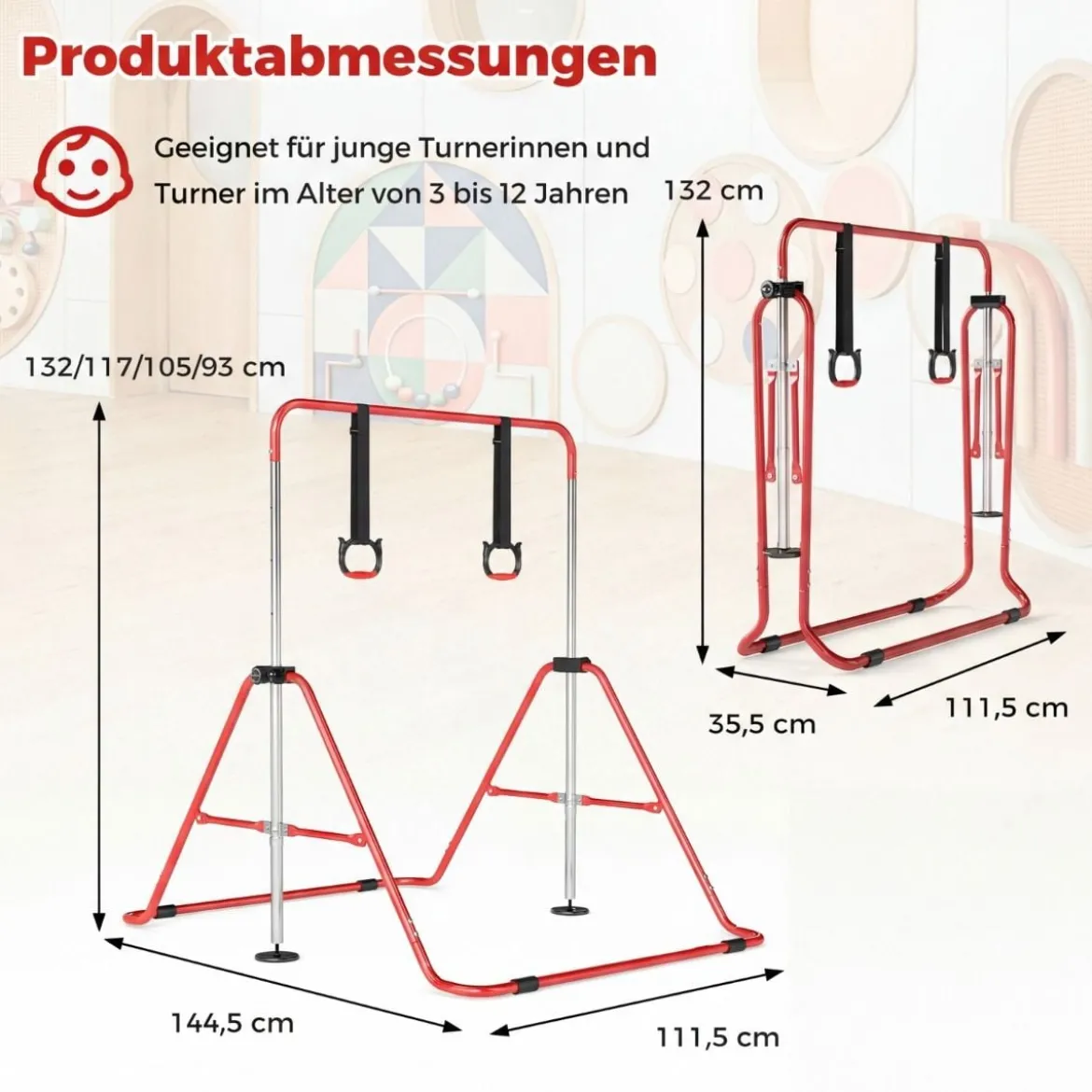 Kinder Faltbare Gymnastikstange mit 4 Verstellbarer Höhen & Turnringe Reckstange Rot
