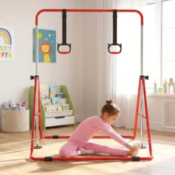 Kinder Faltbare Gymnastikstange mit 4 Verstellbarer Höhen & Turnringe Reckstange Rot