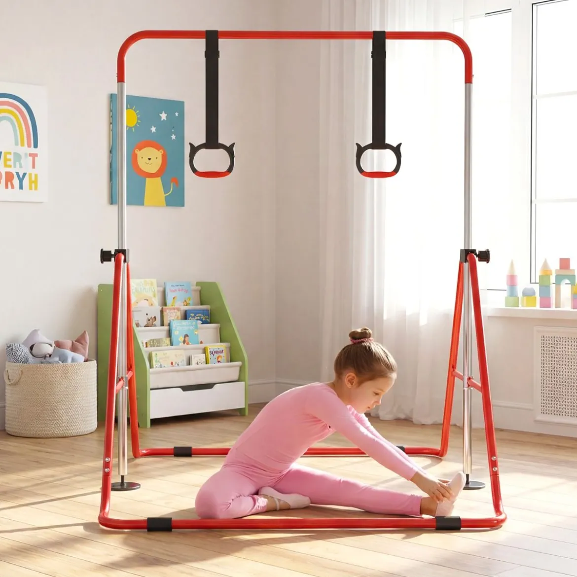 Kinder Faltbare Gymnastikstange mit 4 Verstellbarer Höhen & Turnringe Reckstange Rot