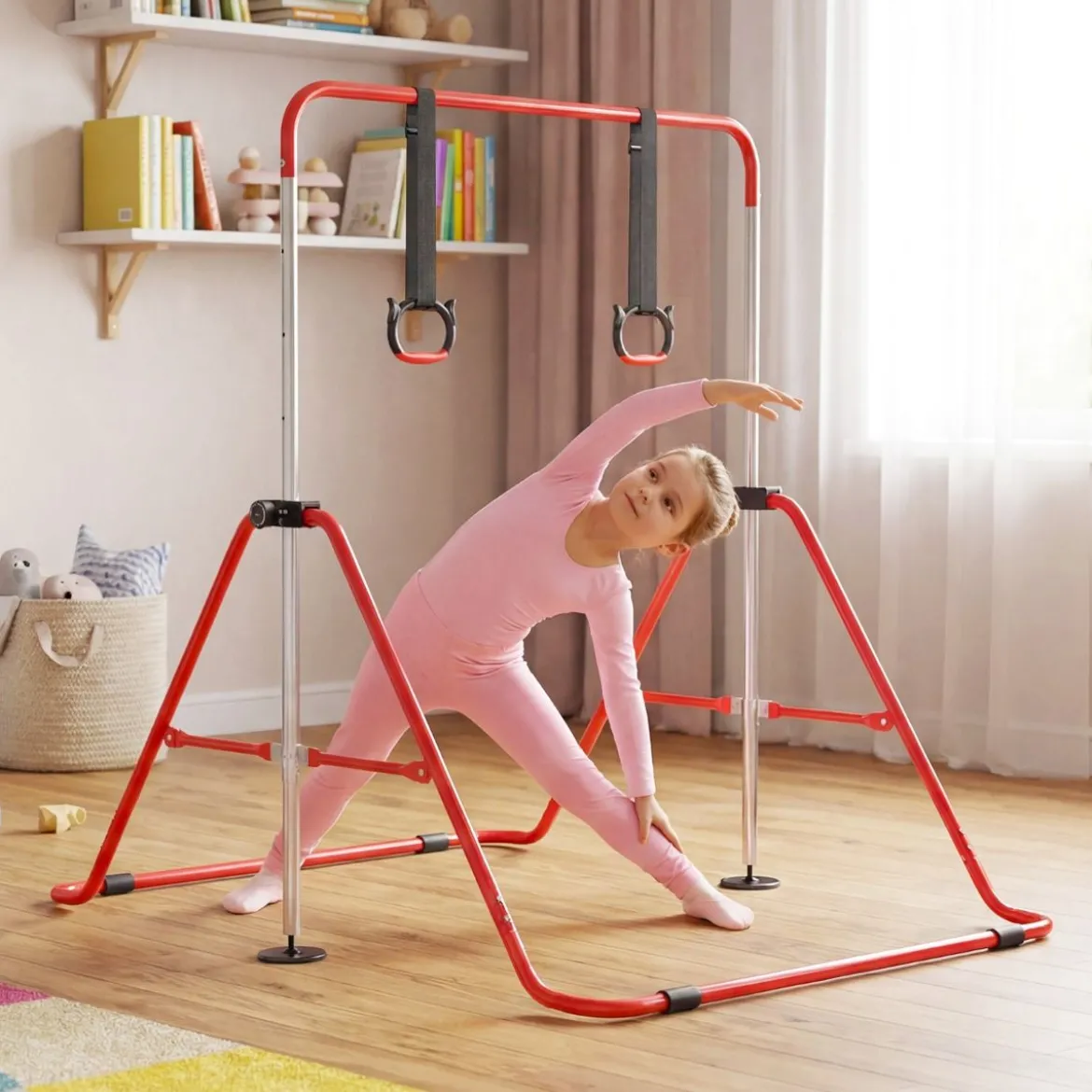 Kinder Faltbare Gymnastikstange mit 4 Verstellbarer Höhen & Turnringe Reckstange Rot