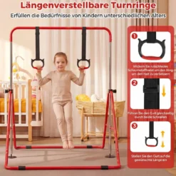 Kinder Faltbare Gymnastikstange mit 4 Verstellbarer Höhen & Turnringe Reckstange Rot