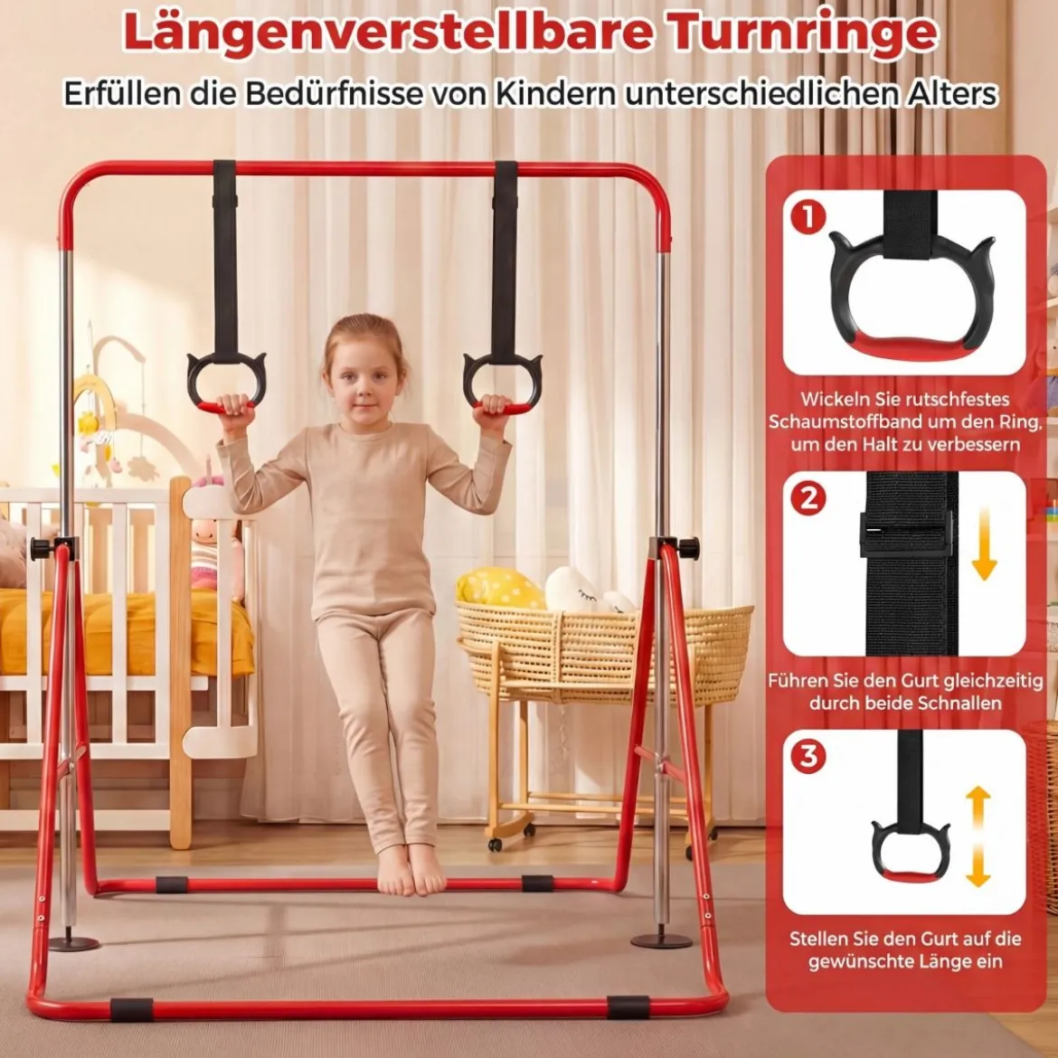 Kinder Faltbare Gymnastikstange mit 4 Verstellbarer Höhen & Turnringe Reckstange Rot