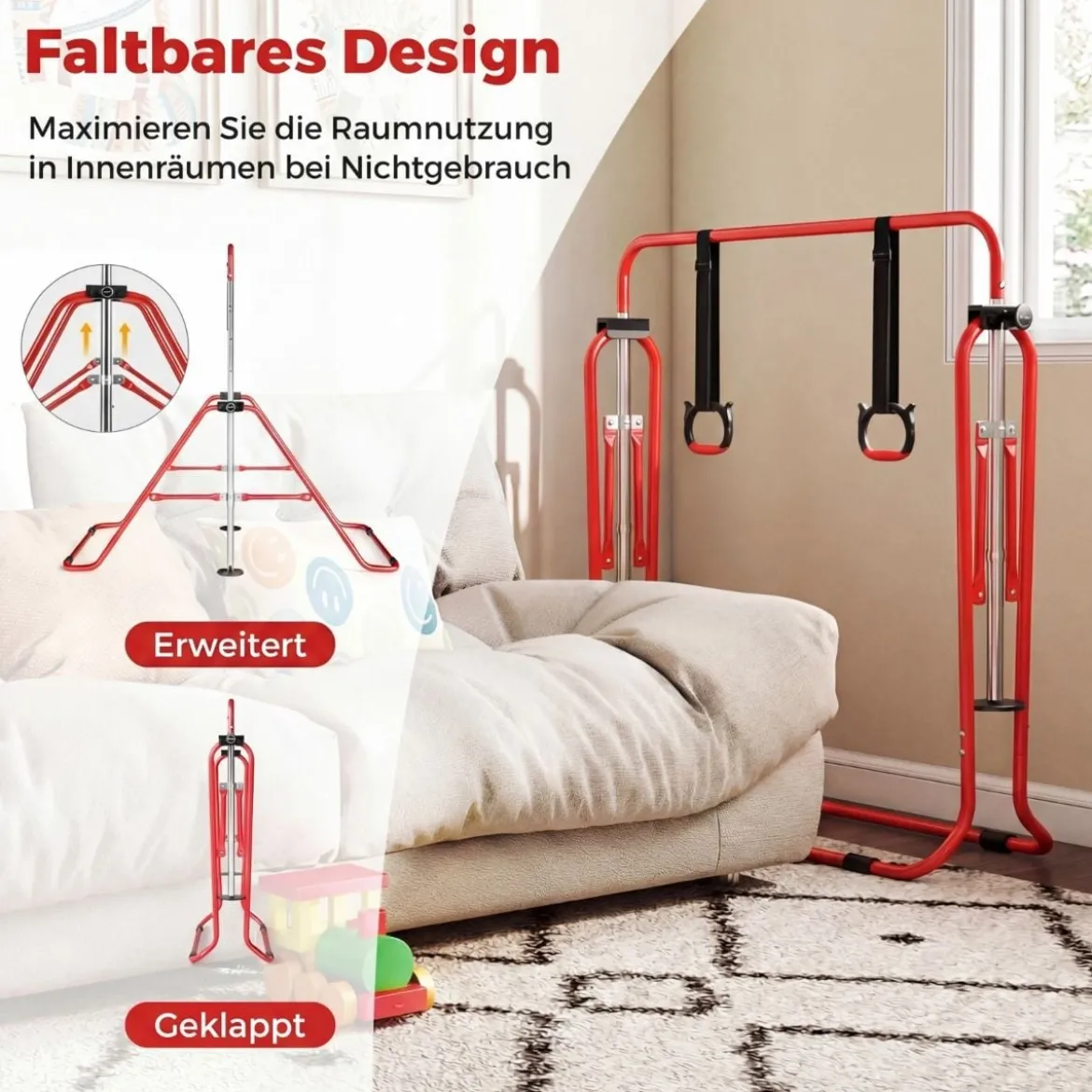 Kinder Faltbare Gymnastikstange mit 4 Verstellbarer Höhen & Turnringe Reckstange Rot