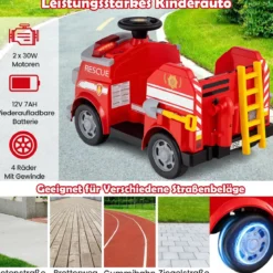Kinder Feuerwehr Rutschauto 12V Feuerwehrauto mit Schaufel & Feuerlöscher Rutschfahrzeug Rot