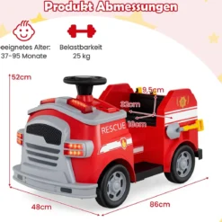 Kinder Feuerwehr Rutschauto 12V Feuerwehrauto mit Schaufel & Feuerlöscher Rutschfahrzeug Rot