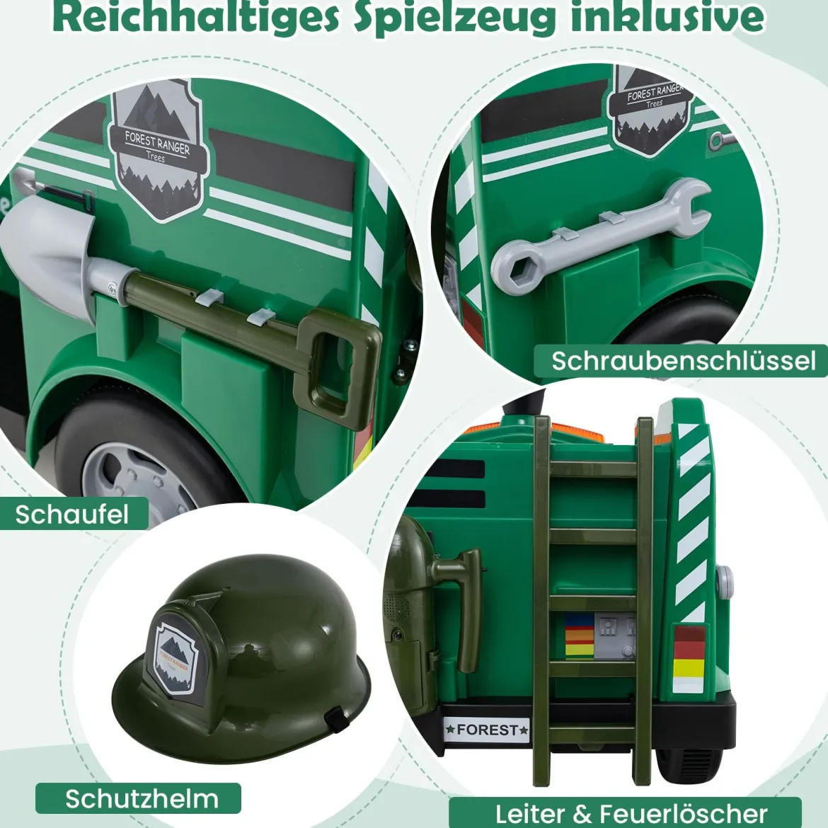Kinder Feuerwehr Rutschauto 12V Feuerwehrauto mit Schaufel & Feuerlöscher Rutschfahrzeug Grün