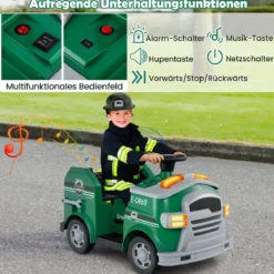 Kinder Feuerwehr Rutschauto 12V Feuerwehrauto mit Schaufel & Feuerlöscher Rutschfahrzeug Grün