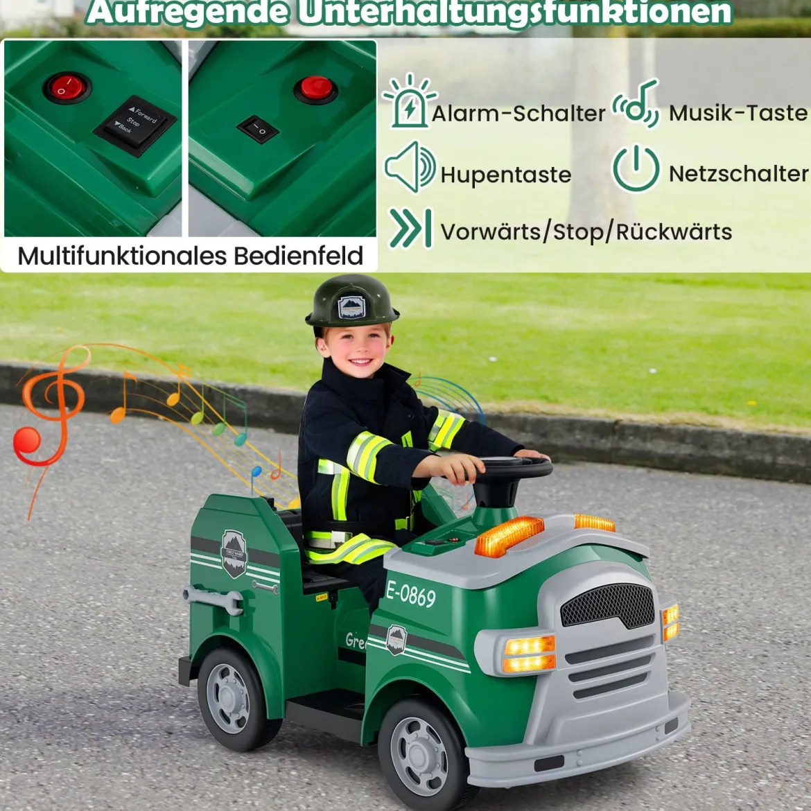 Kinder Feuerwehr Rutschauto 12V Feuerwehrauto mit Schaufel & Feuerlöscher Rutschfahrzeug Grün