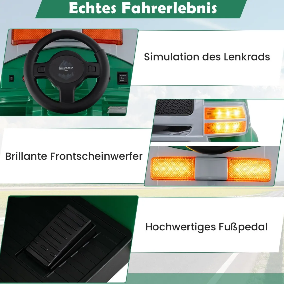 Kinder Feuerwehr Rutschauto 12V Feuerwehrauto mit Schaufel & Feuerlöscher Rutschfahrzeug Grün