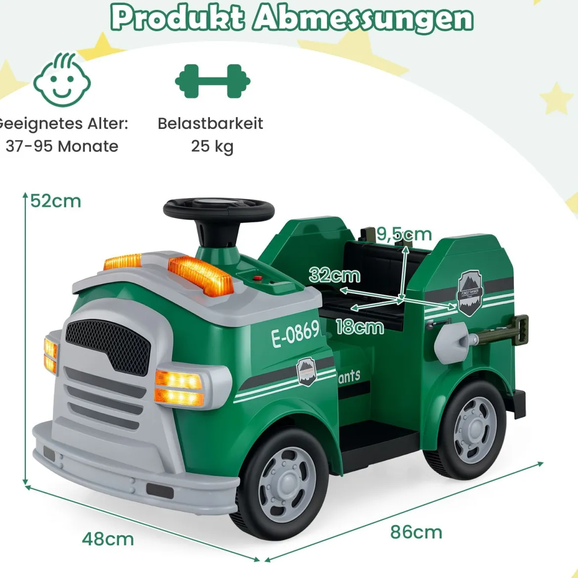 Kinder Feuerwehr Rutschauto 12V Feuerwehrauto mit Schaufel & Feuerlöscher Rutschfahrzeug Grün