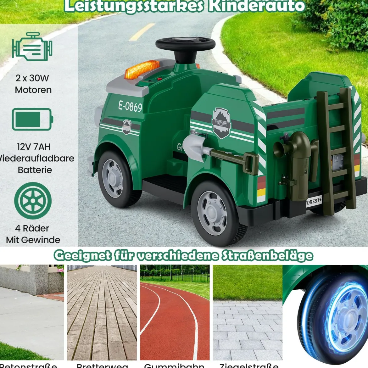 Kinder Feuerwehr Rutschauto 12V Feuerwehrauto mit Schaufel & Feuerlöscher Rutschfahrzeug Grün