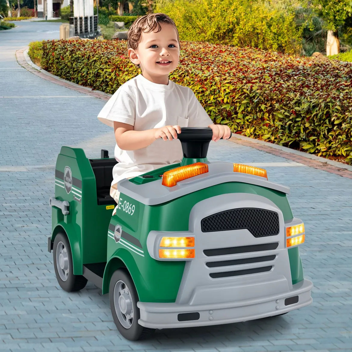 Kinder Feuerwehr Rutschauto 12V Feuerwehrauto mit Schaufel & Feuerlöscher Rutschfahrzeug Grün