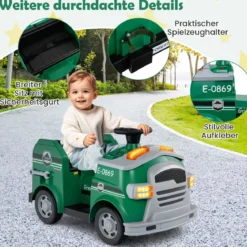 Kinder Feuerwehr Rutschauto 12V Feuerwehrauto mit Schaufel & Feuerlöscher Rutschfahrzeug Grün