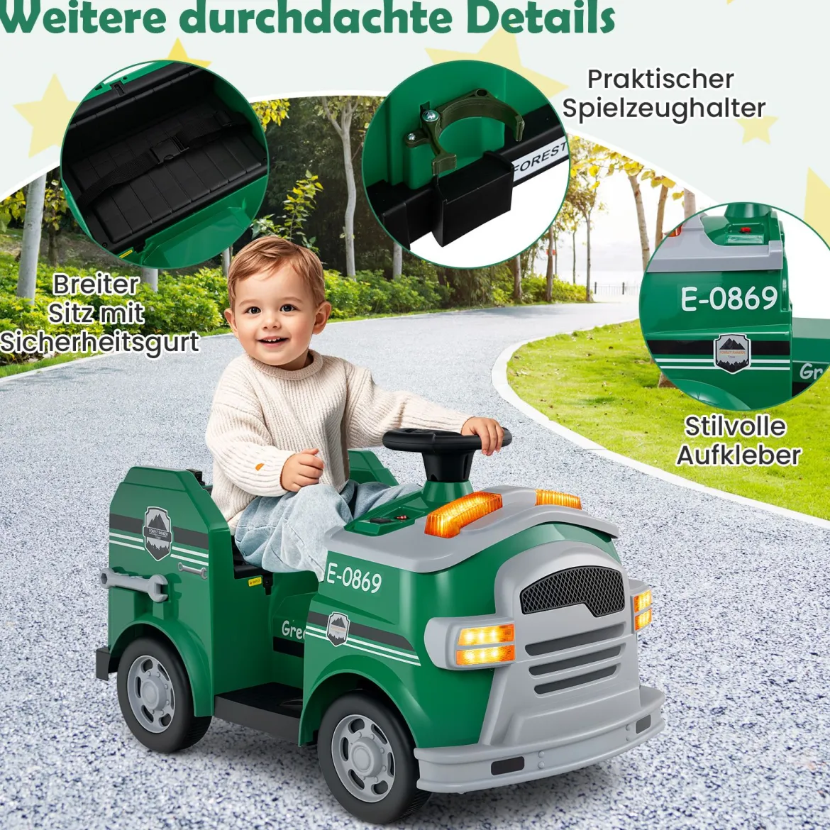 Kinder Feuerwehr Rutschauto 12V Feuerwehrauto mit Schaufel & Feuerlöscher Rutschfahrzeug Grün