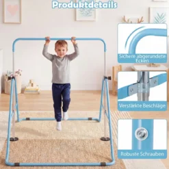 Kinder Gymnastikstange 90-130 cm Höhenverstellbar Faltbare Reckstange Turnstange bis 70 kg Tragbar Blau