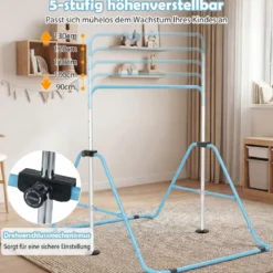 Kinder Gymnastikstange 90-130 cm Höhenverstellbar Faltbare Reckstange Turnstange bis 70 kg Tragbar Blau