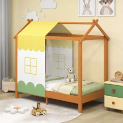 Kinderhaus-Bett mit Dach & Abnehmbarem Betthimmel & 12 Massivholzlatten Bodenbett Rahmen
