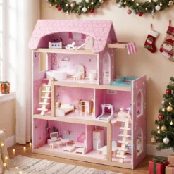 Kinder Holzpuppenhaus mit 33 Möbelstücken DIY-Spielhaus mit Balkon & Pool Dollhaus Rosa