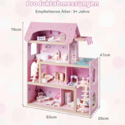 Kinder Holzpuppenhaus mit 33 Möbelstücken DIY-Spielhaus mit Balkon & Pool Dollhaus Rosa