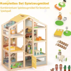Kinder Holz Puppenhaus mit Möbelstücken & Figuren Familien-Spielhaus mit DIY-Traumhaus