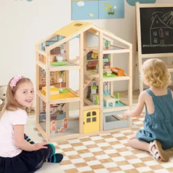 Kinder Holz Puppenhaus mit Möbelstücken & Figuren Familien-Spielhaus mit DIY-Traumhaus