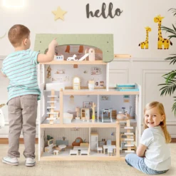 Kinder Holzpuppenhaus mit 33 Möbelstücken DIY-Spielhaus mit Balkon & Pool Dollhaus Hellgrün