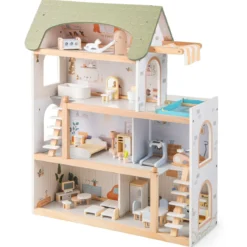 Kinder Holzpuppenhaus mit 33 Möbelstücken DIY-Spielhaus mit Balkon & Pool Dollhaus Hellgrün